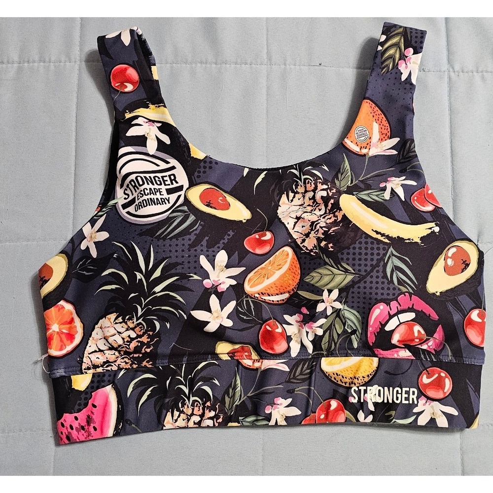 Stronger Women Tropical Fruit Print Sports Bra Medium Black Multi Color Gym Top
